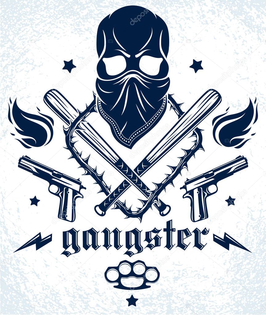 Gang brutal criminal emblem or logo with aggressive skull baseba