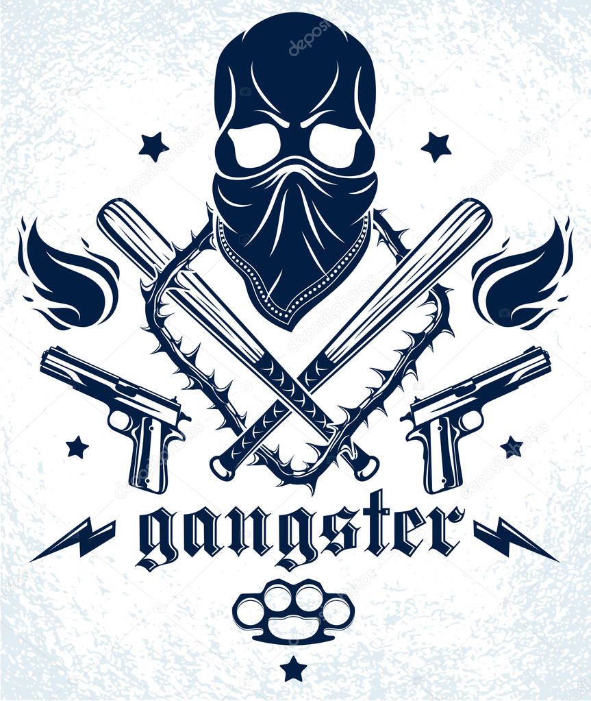 Gang brutal criminal emblem or logo with aggressive skull baseball bats and other weapons and design elements, vector anarchy crime terror retro style, ghetto revolutionary.