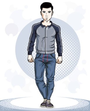 Mutlu brunet genç yetişkin adam ayakta. Vektör karakter takma 