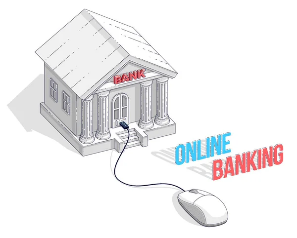 Edificio del banco con el ratón de ordenador conectado, Banca en línea, coche — Archivo Imágenes Vectoriales