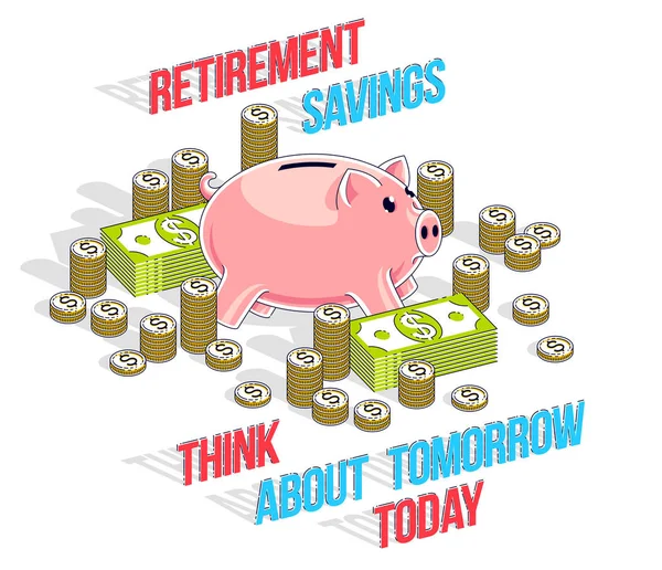 Nyugdíj-megtakarítási koncepció, aranyos Piggy Bank Cash Money baba — Stock Vector