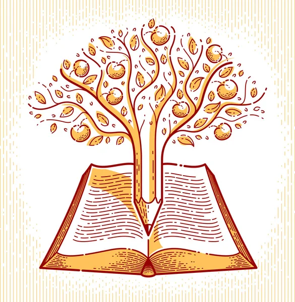 Boom met appels gecombineerd met potlood over open Vintage boek edu — Stockvector