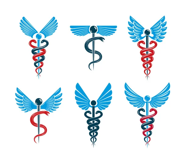 Vector winged Caduceus illustrations collection. Pharmacology an — Stock Vector