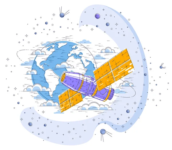 环绕地球、太空飞行、航天器水疗的空间站 — 图库矢量图片