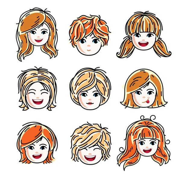 Collection of cute smiling girls faces expressing positive emoti — Stock Vector