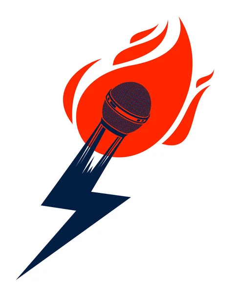 Μικρόφωνο στην φωτιά και το σχήμα του lightning, hot mic στις φλόγες και — Διανυσματικό Αρχείο