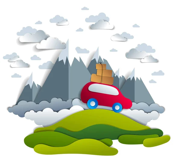 Autoverkehr und Tourismus, roter Minivan mit Gepäck im Gelände — Stockvektor