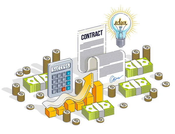 Financieel contract concept, papieren document en cash geld stapels — Stockvector