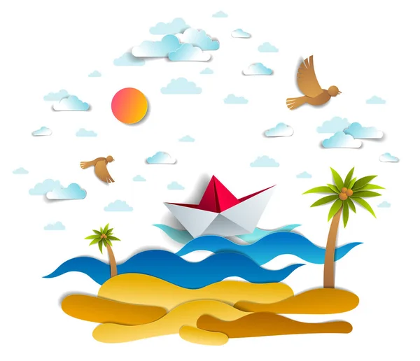 Оригами бумажный корабль игрушка плавание в океанских волнах с пляжем и папа — стоковый вектор