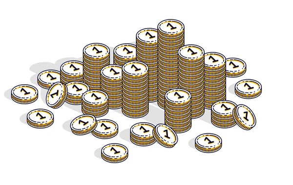 Dinero en efectivo pilas de monedas aisladas sobre fondo blanco. Vector 3d i — Vector de stock