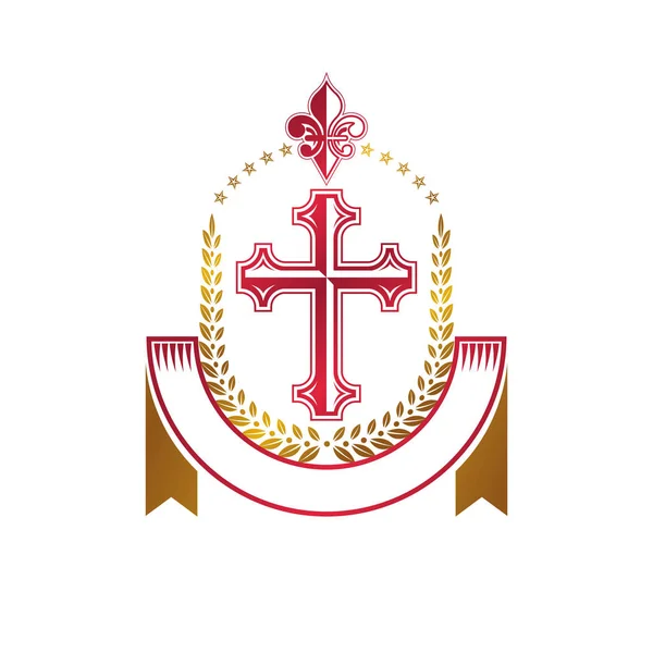 Christian Cross dekoratif altın amblemi. Heraldic vektör tasarımı — Stok Vektör