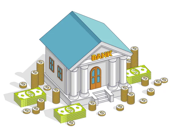 Старий мультфільм Банк будівля з готівкових грошей долар купу і цент s — стоковий вектор