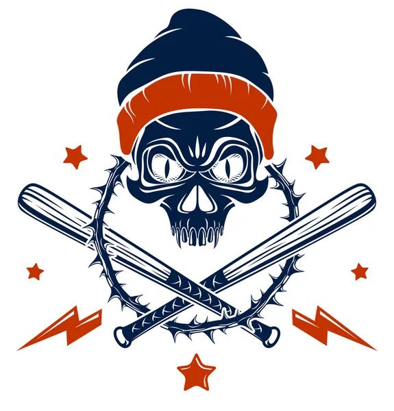 Logo emblemă Gangster sau tatuaj cu baseball craniu agresiv ba — Vector de stoc