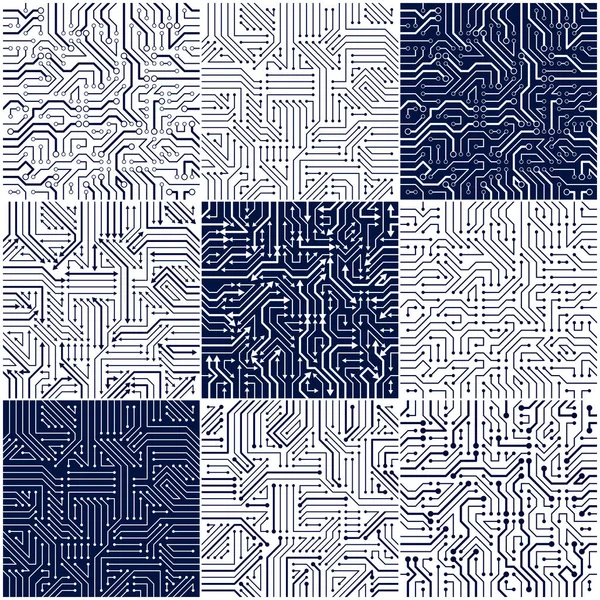 Circuit board motifs sans couture ensemble, arrière-plans vectoriels collecti — Image vectorielle