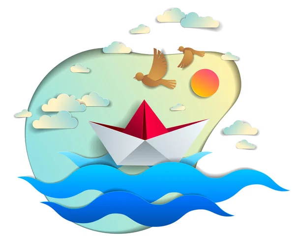 Origami papel barco juguete nadando en las olas del océano, hermoso vector — Vector de stock