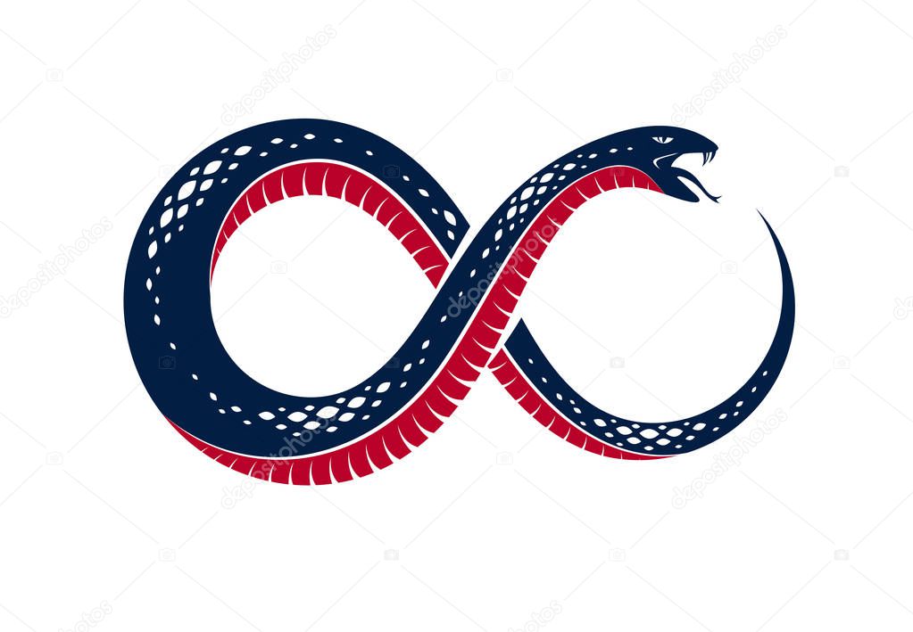Snake eating its own tale, Uroboros Snake in a shape of infinity symbol, endless cycle of life and death, Ouroboros ancient symbol vector illustration logo, emblem or tattoo.