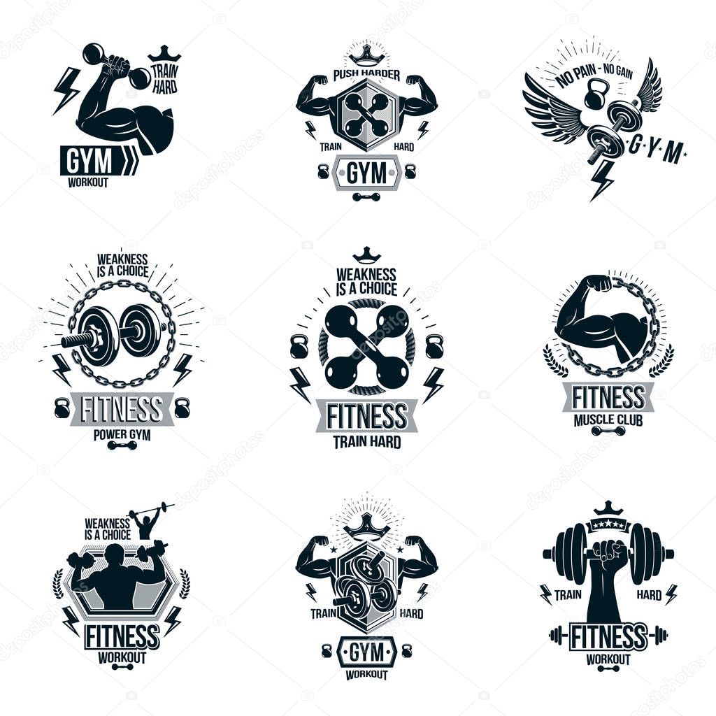 Set of vector fitness workout and weightlifting gymnasium theme logotypes and inspiring posters made using dumbbells, disc weights sport equipment and muscular athlete body silhouettes.