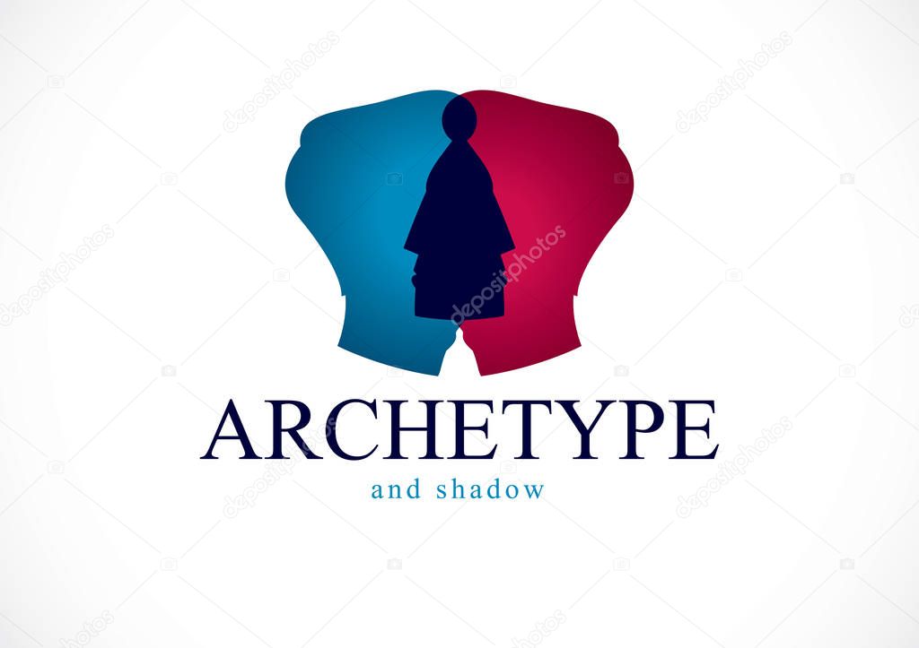 Psychology and mental health concept, created with double man head profile as an archetype and shadow, psychoanalysis, individuality and psychical problems. Vector logo or icon design.