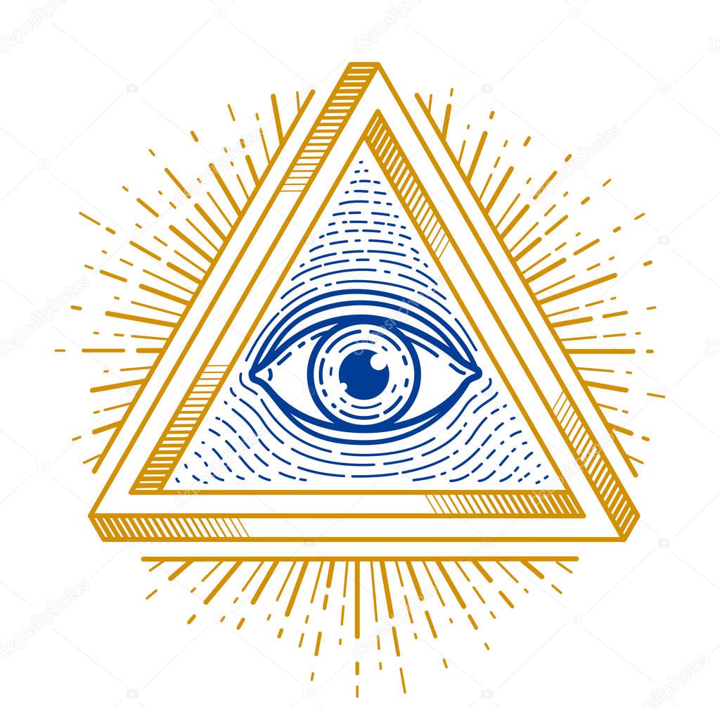 All seeing eye of god in sacred geometry triangle, masonry and illuminati symbol, vector logo or emblem design element.