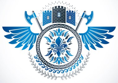 Kanatlı şık amblem, vektör heraldik Arması usin bestelendi