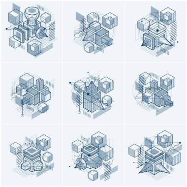 3d lineer örgü şekil ve şekilli soyut tasarımlar, vektör 