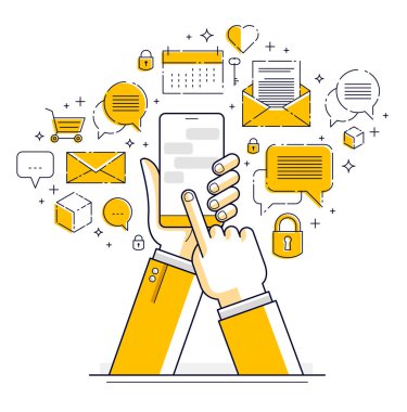Internet iletişim ve etkinlik, adam eller telefonları tutarak bir