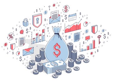 Nakit para dolar yığınları ve sikke yığınları izole ile para çantası