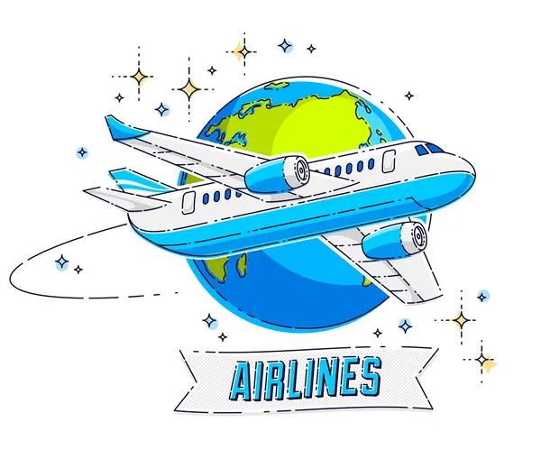 地球の惑星とタイピングとリボンを持つ飛行機旅客機、航空会社 — ストックベクタ