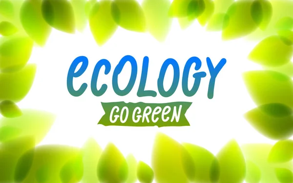 Ecology word drawn on a window glass, fresh green leaves blurred — Stock Vector