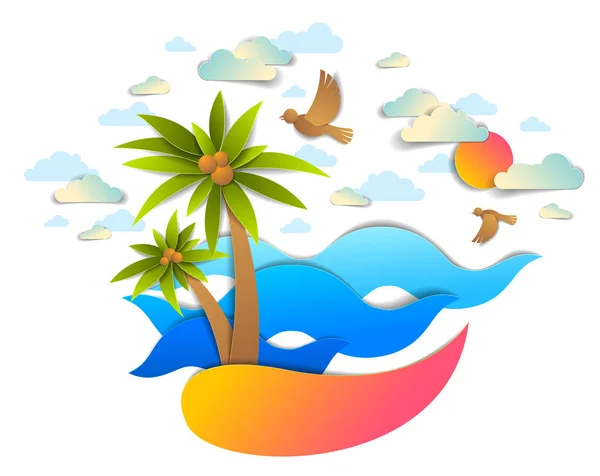 Spiaggia con palme, onde marine perfetto paesaggio marino, uccelli nuvole e s — Vettoriale Stock