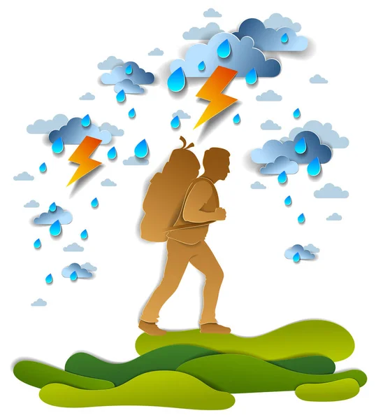 Etkin adam şimşek ve yağmur, motivasyon ile fırtınada hiking, — Stok Vektör