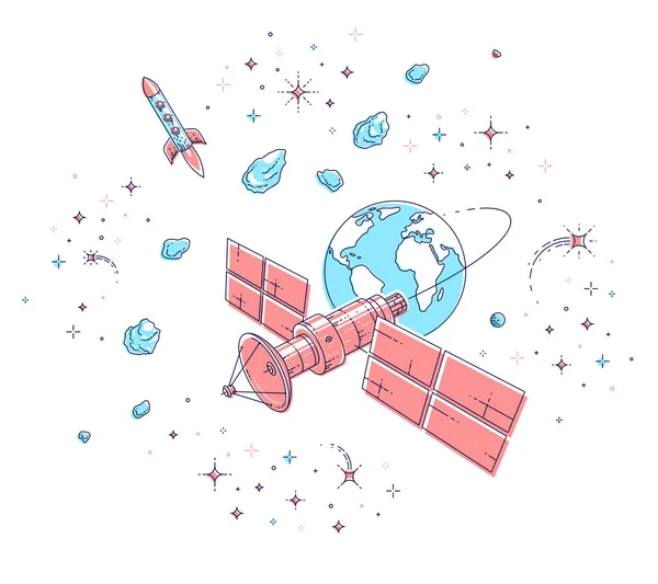 Dünya çevresinde yörünge uzay uçuşu uçan iletişim uydu, — Stok Vektör