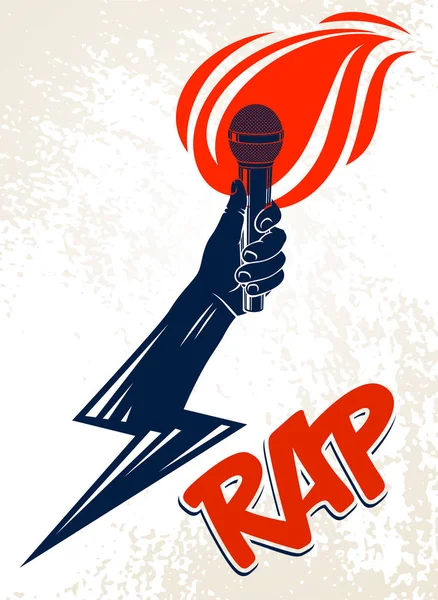 Rap zene vektor logó vagy embléma, a lángok kézi mikrofonnal a — Stock Vector