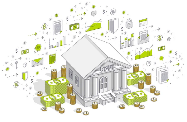 Bank building with cash money dollar pile and coin stack cartoon — Stock Vector