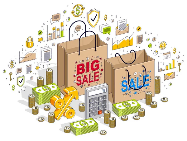 Концепция Big Sale, Retail, Sellout, Shopping Bag с деньгами — стоковый вектор