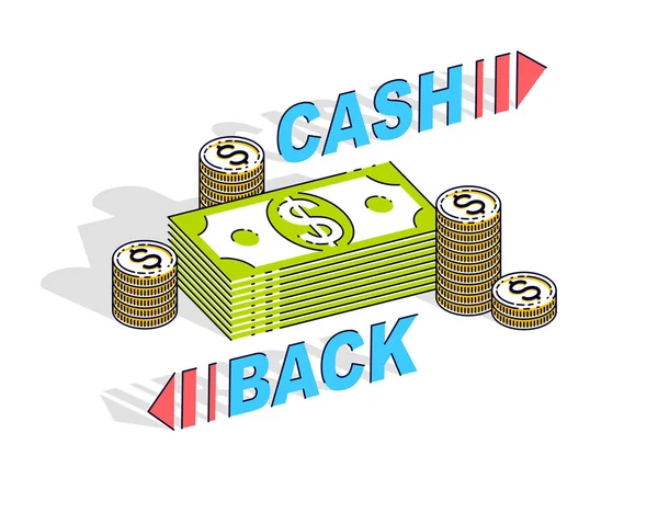 Cash Back concetto, denaro contante dollari pile e cent monete pile — Vettoriale Stock