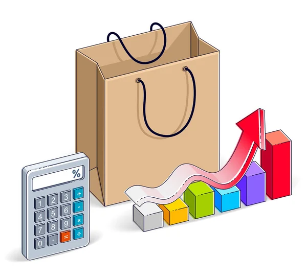 购物袋与计算器和增长图表统计，大销售，s — 图库矢量图片