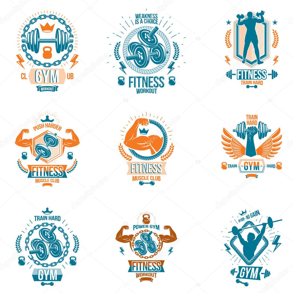 Set of vector bodybuilding theme emblems and advertising posters composed using dumbbells, barbells, kettle bells sport equipment and bodybuilder perfect shapes.