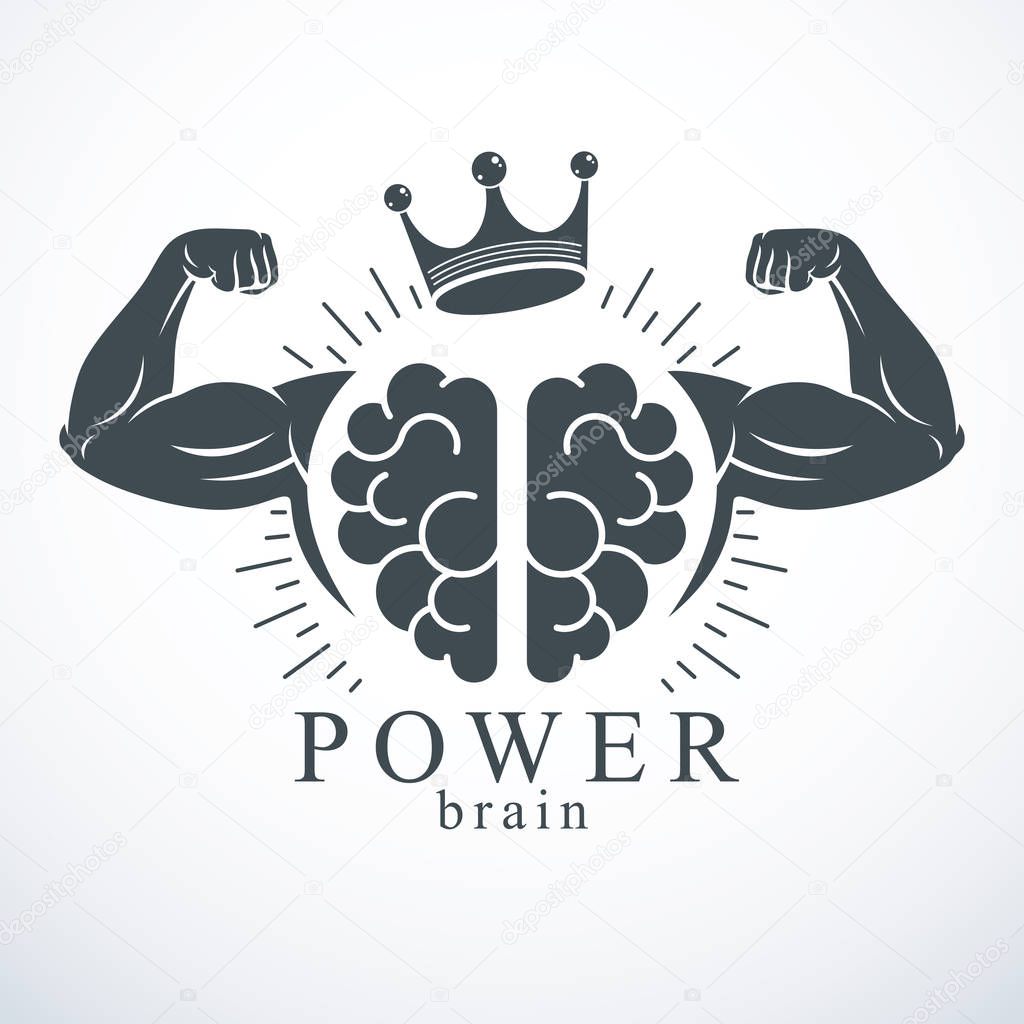 Brain with strong bicep hands of bodybuilder. Power Brain emblem, genius concept.  Brain training, grow IQ, mental health.
