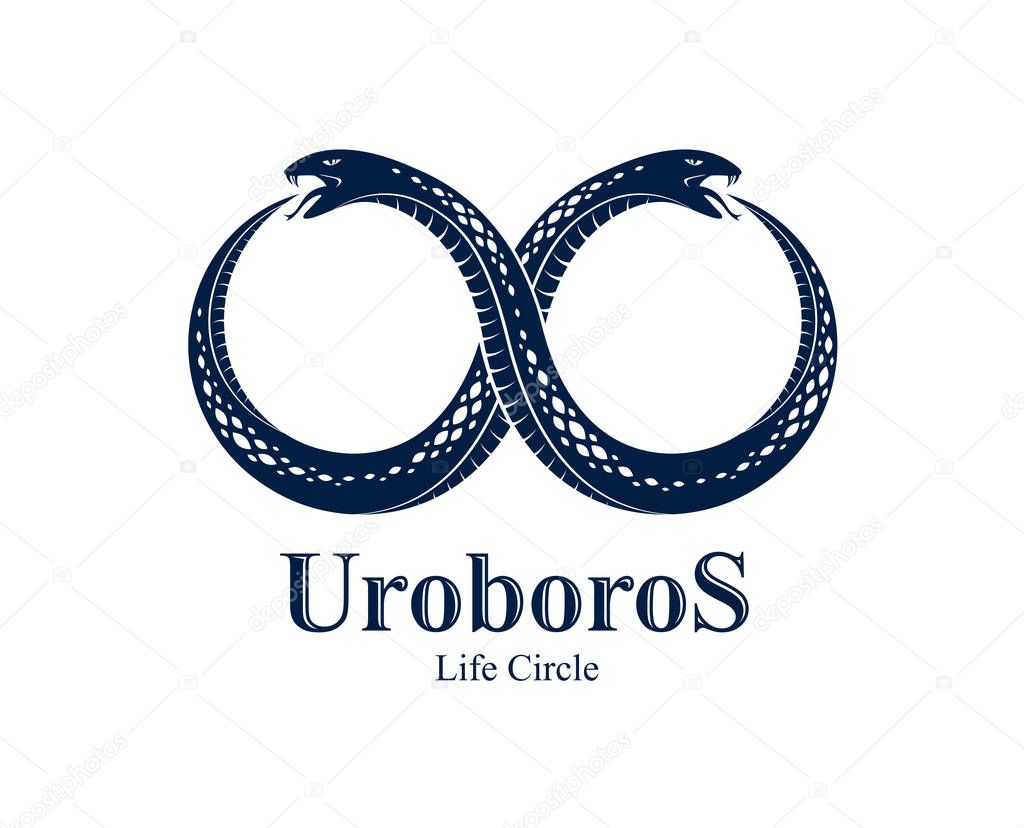 Snake eating its own tale, Uroboros Snake in a shape of infinity symbol, endless cycle of life and death, Ouroboros ancient symbol vector illustration logo, emblem or tattoo.