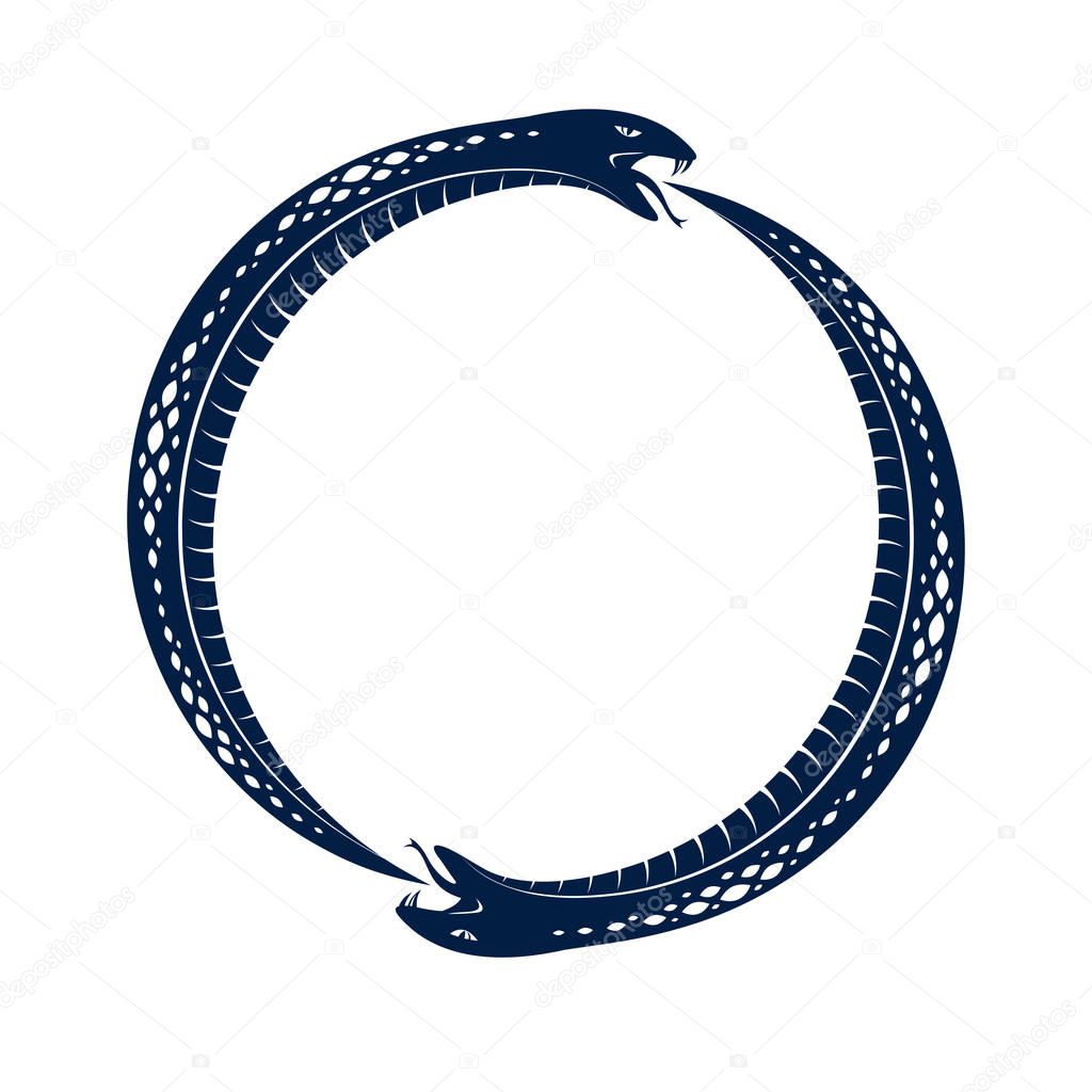 Snake eating its own tale, Uroboros Snake in a shape of circle, endless cycle of life and death, Ouroboros ancient symbol vector illustration logo, emblem or tattoo.