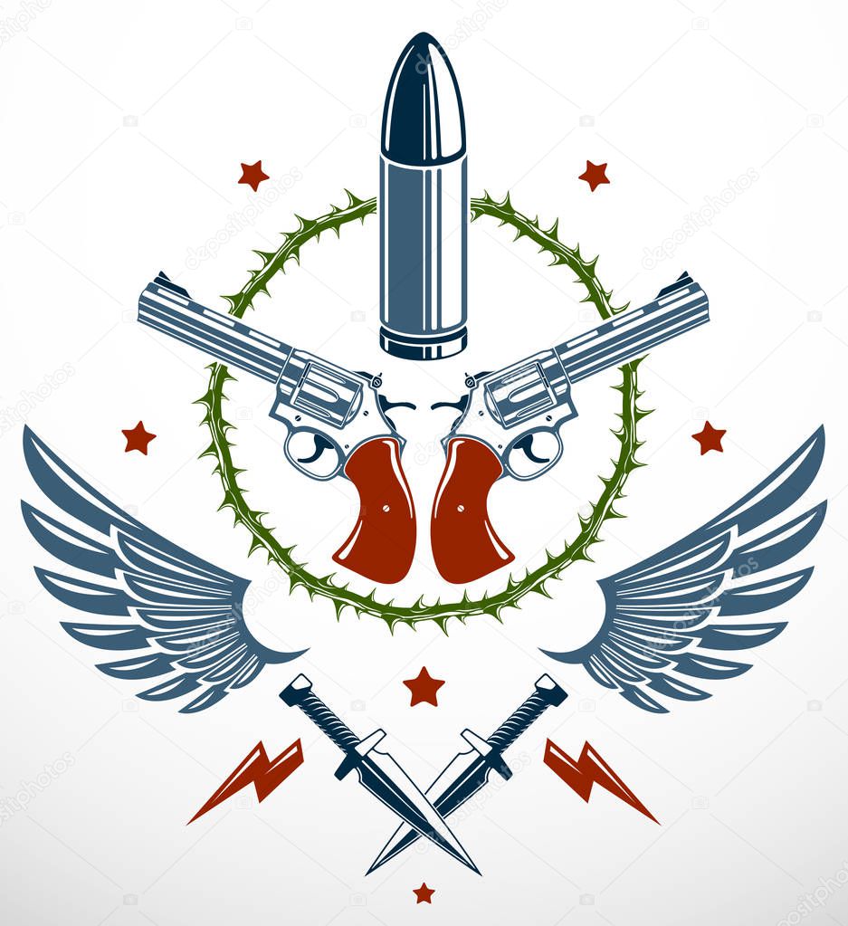Bullets and guns vector emblem of Revolution and War, logo or ta