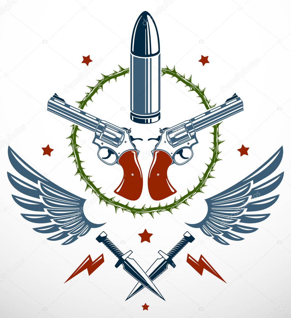 Bullets and guns vector emblem of Revolution and War, logo or tattoo with lots of different design elements, anarchy and chaos concept, criminal and gangster style, social tension theme.