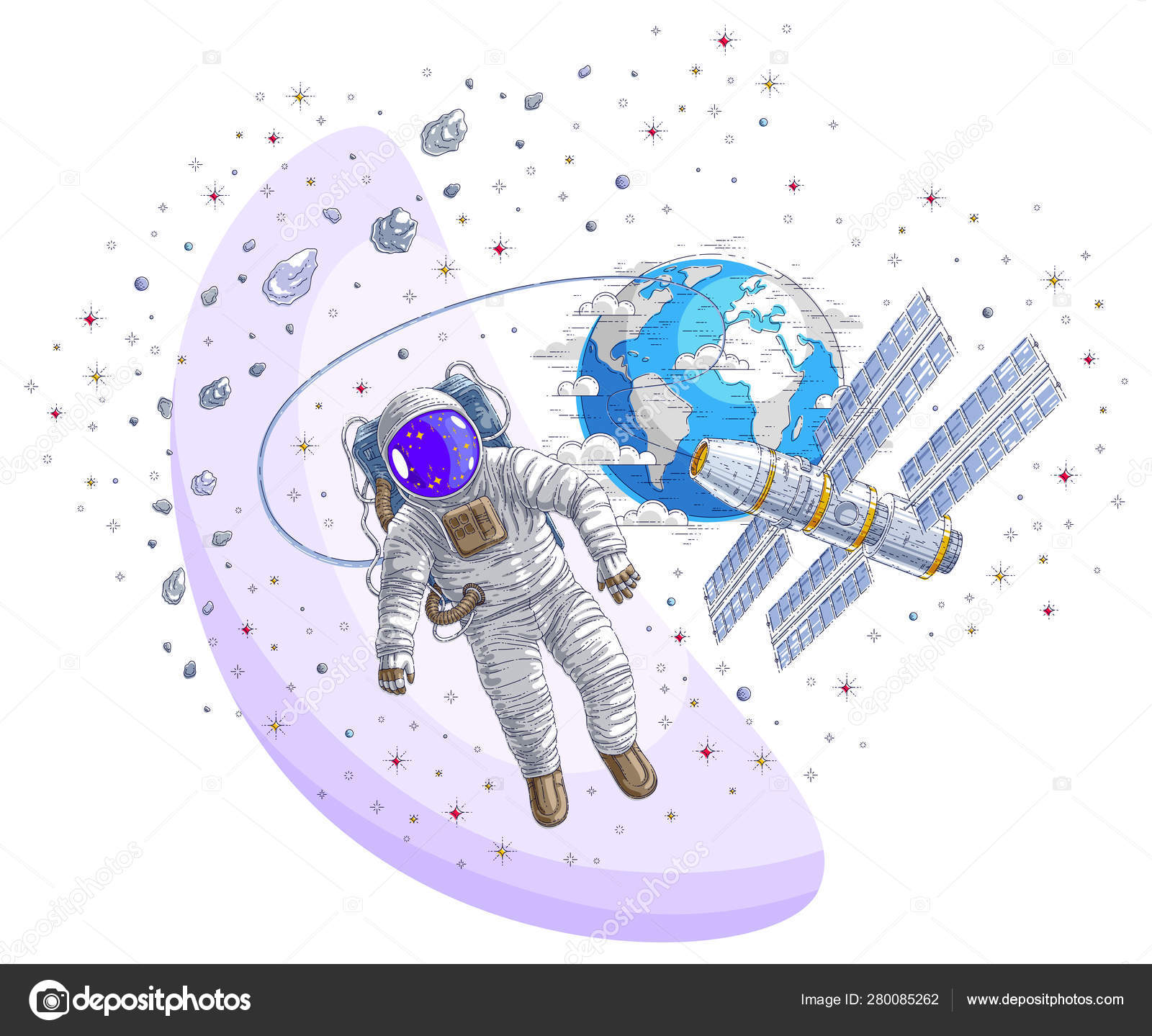 Astronaut in spacesuit floating in weightlessness, spaceman in open space  realistic vector illustration isolated over white background. Stock Vector