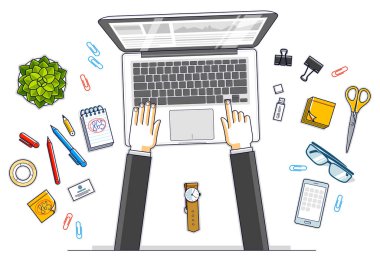 Ofis çalışanı veya entr elleri ile çalışma masası çalışma alanı üst görünümü