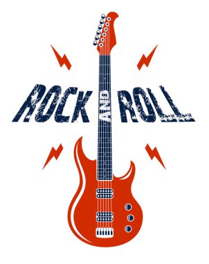 Elektro gitar vektör logosu ile Rock and Roll amblemi, konser f