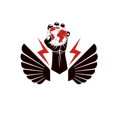 Kanatlı vektör amblemi oluşan yükseltilmiş yumruk el ile oluşan