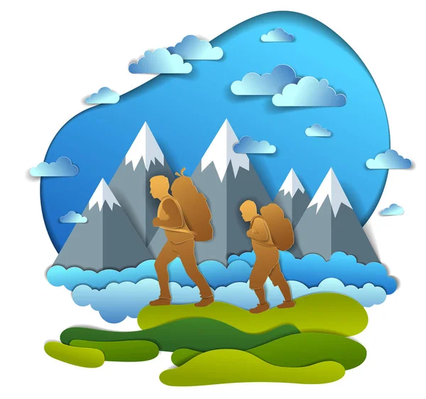Randonnée pédestre père et fils dans la nature avec chaîne de montagnes, hommes actifs , — Image vectorielle