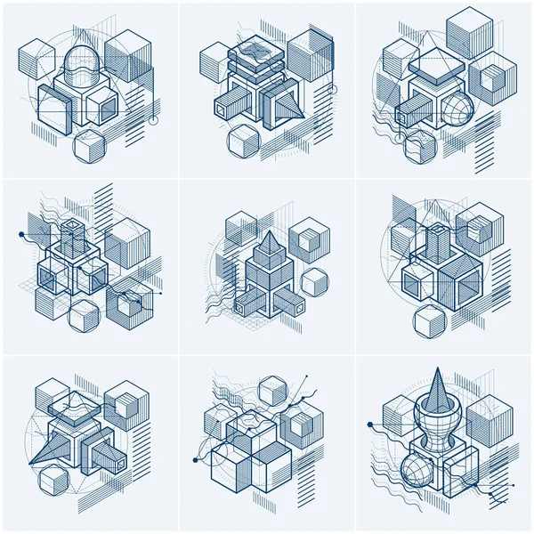 Abstracciones isométricas con líneas y diferentes elementos, vector — Vector de stock