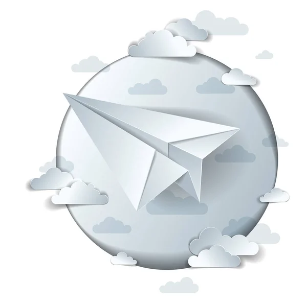 Origami brinquedo avião de papel voando no céu com belas nuvens , — Vetor de Stock